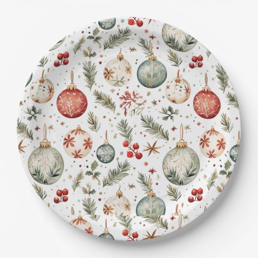 Rood Groen Kerstvakantie Ornamenten Boho Antiek Papieren Bordje (Voorkant)