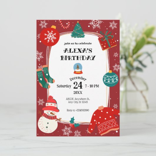 Rood groen kerstwonderland verjaardagsfeestje kaart (Staand voorkant)