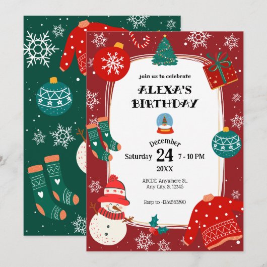 Rood groen kerstwonderland verjaardagsfeestje kaart (Voorkant / Achterkant)
