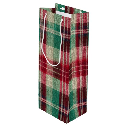 Rood & Groen Klassiek Kerst Plaid Wijn Cadeautas (Voorkant Gekanteld)