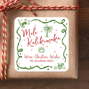 Rood Groen Mele Kalikimaka Hand Getekende Leuke Ke Vierkante Sticker