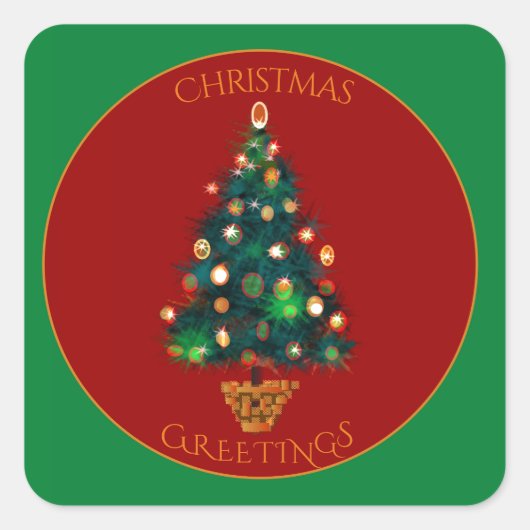 Rood groen met kleurrijke kerstboom vierkante sticker (Voorkant)