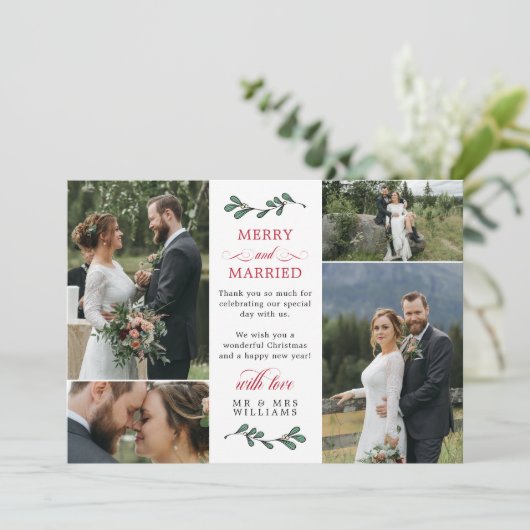 Rood Groen Mistletoe Vrolijk Getrouwd Kerstmis Bedankkaart (Staand voorkant)