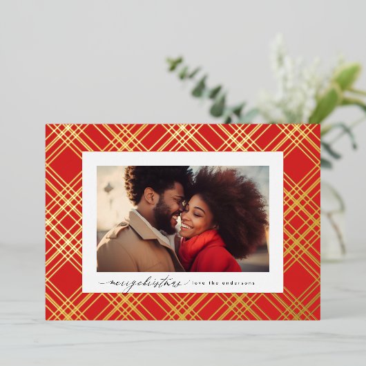 Rood Groen Moderne Kalligrafie Kerst Goud Plakken Folie Feestdagenkaart (Staand Voorkant)