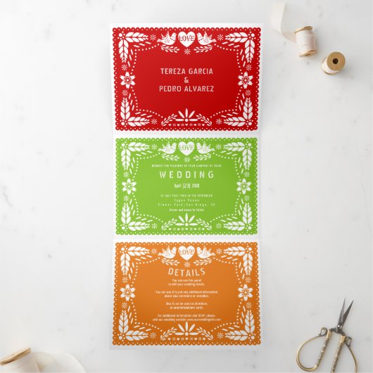 Rood, groen, oranje papel picado lovevogels bruilo drieluik uitnodiging (Binnen)