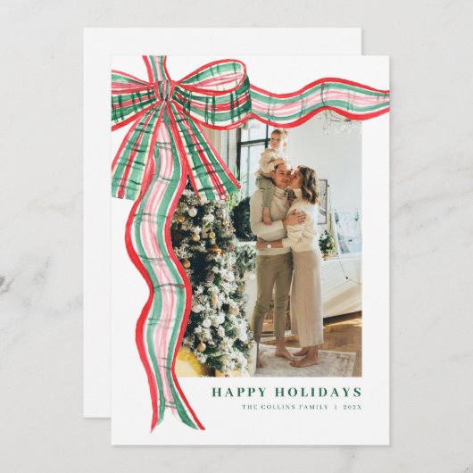 Rood & Groen Plaid Bow Kerstfoto Vakantie Kaart (Voorkant / Achterkant)