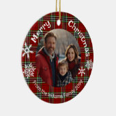 Rood groen plaid foto witte sneeuwvlokken keramisch ornament (Rechts)