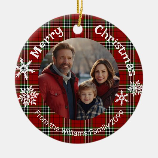 Rood groen plaid foto witte sneeuwvlokken keramisch ornament (Voorkant)