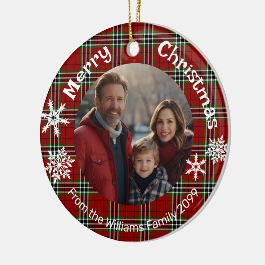 Rood groen plaid foto witte sneeuwvlokken keramisch ornament (Links)