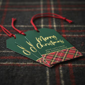 Rood Groen Plaid Goud Folie Script Vrolijk Kerstfe Cadeaulabel