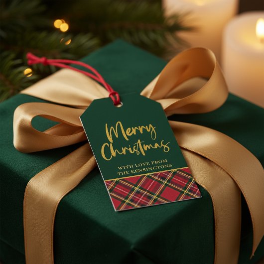 Rood Groen Plaid Goud Folie Script Vrolijk Kerstfe Cadeaulabel