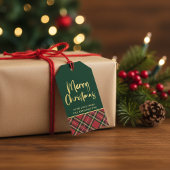 Rood Groen Plaid Goud Folie Script Vrolijk Kerstfe Cadeaulabel