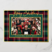 Rood Groen Plaid Prettig Kerst Script Foto Folie Feestdagenkaart (Voorkant)