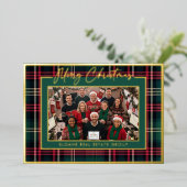 Rood Groen Plaid Prettig Kerst Script Foto Folie Feestdagenkaart (Staand Voorkant)