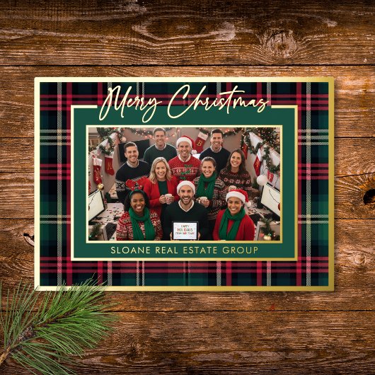 Rood Groen Plaid Prettig Kerst Script Foto Folie Feestdagenkaart