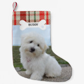 Rood Groen Plaid Rustieke Hond Bone Pet Foto Kleine Kerstsok (Voorkant)
