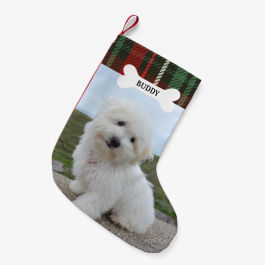 Rood Groen Plaid Rustieke Hond Bone Pet Foto Kleine Kerstsok (Voorkant (Hangend))
