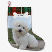 Rood Groen Plaid Rustieke Hond Bone Pet Foto Kleine Kerstsok (Voorkant)