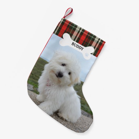 Rood Groen Plaid Rustieke Hond Bone Pet Foto Kleine Kerstsok (Voorkant (Hangend))