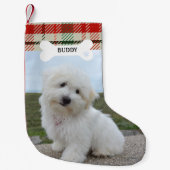 Rood Groen Plaid Rustieke Hond Bone Pet Foto Kleine Kerstsok (Voorkant)