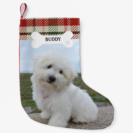 Rood Groen Plaid Rustieke Hond Bone Pet Foto Kleine Kerstsok (Voorkant)