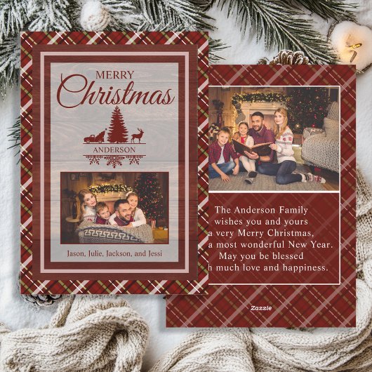 Rood Groen Plaid Tartan 2 Foto Monogram Kerstmis Feestdagenkaart