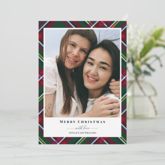 Rood Groen Plaid Vrolijk Kerstmis Foto Feestdagenkaart (Staand voorkant)