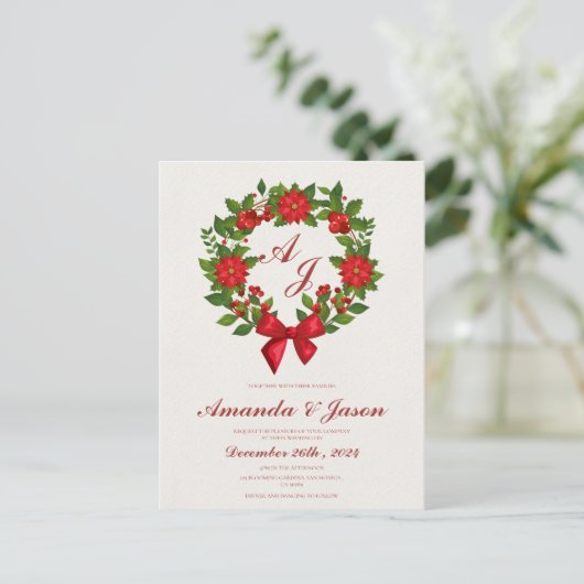 Rood Groen Poinsettia Bessen Kerstmis bruiloft Briefkaart (Staand voorkant)