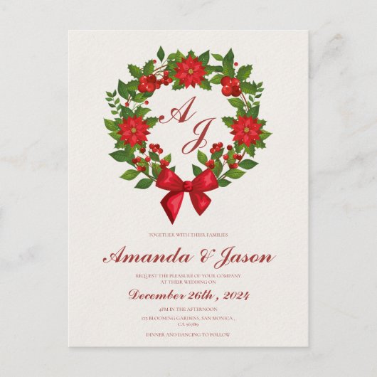 Rood Groen Poinsettia Bessen Kerstmis bruiloft Briefkaart (Voorkant)