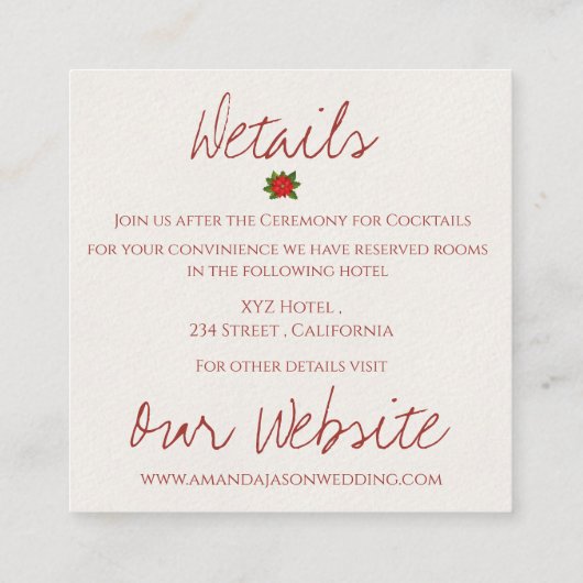 Rood Groen Poinsettia Monogram Kerst bruiloft Informatiekaartje (Achterkant)