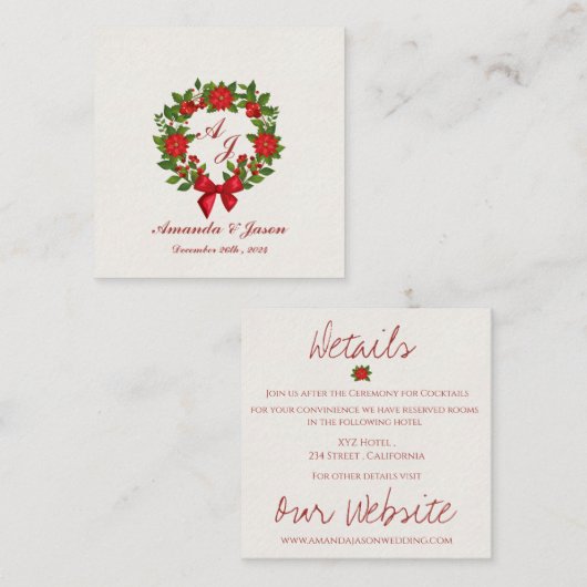 Rood Groen Poinsettia Monogram Kerst bruiloft Informatiekaartje (Voorkant / Achterkant)
