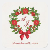Rood Groen Poinsettia Monogram Kerst bruiloft Vierkante Sticker (Voorkant)