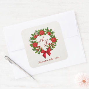 Rood Groen Poinsettia Monogram Kerst bruiloft Vierkante Sticker