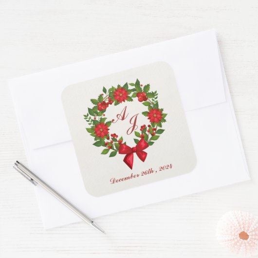 Rood Groen Poinsettia Monogram Kerst bruiloft Vierkante Sticker (Envelop)
