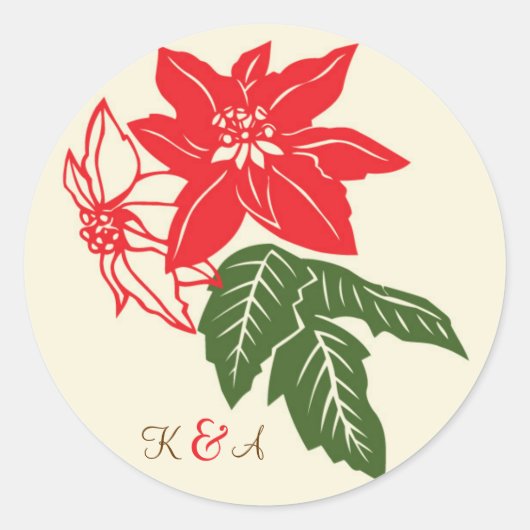 Rood & Groen Poinsettias Kerstbruiloft Ronde Sticker (Voorkant)