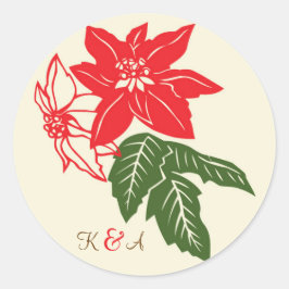 Rood & Groen Poinsettias Kerstbruiloft Ronde Sticker
