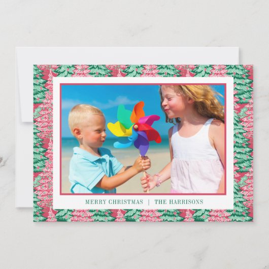 Rood & Groen Preppy Kerstbomen Foto Feestdagenkaart (Voorkant)