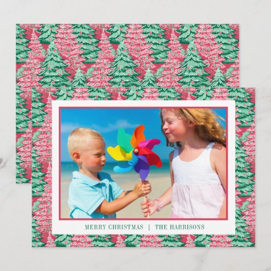 Rood & Groen Preppy Kerstbomen Foto Feestdagenkaart (Voorkant / Achterkant)