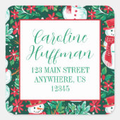 Rood & Groen Preppy Snowmen retouradres Vierkante Sticker (Voorkant)