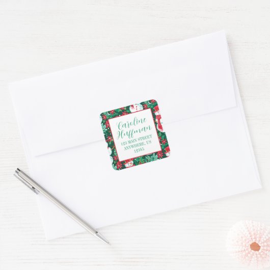 Rood & Groen Preppy Snowmen retouradres Vierkante Sticker (Envelop)