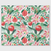 Rood Groen Retro Bloemen Kerst Wrapping Paper Cadeaupapier (Vlak)