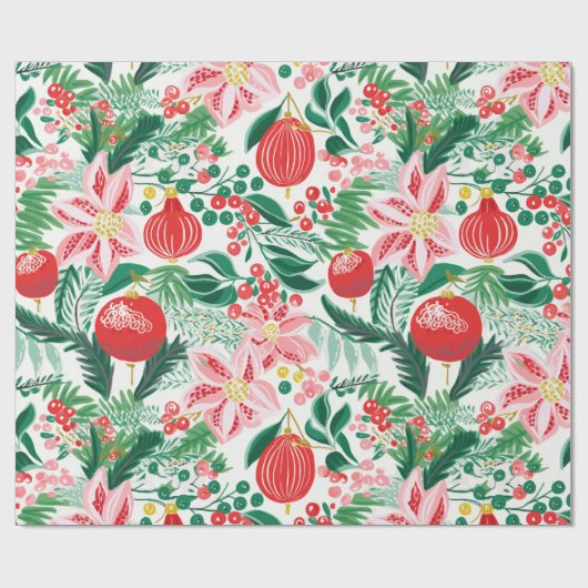 Rood Groen Retro Bloemen Kerst Wrapping Paper Cadeaupapier (Vlak)