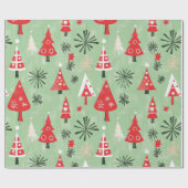 Rood Groen Retro Kerstbomen Cadeaupapier (Vlak)