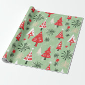 Rood Groen Retro Kerstbomen Cadeaupapier (Uitgerold)