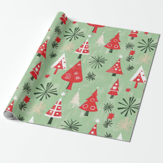 Rood Groen Retro Kerstbomen Cadeaupapier (Uitgerold)