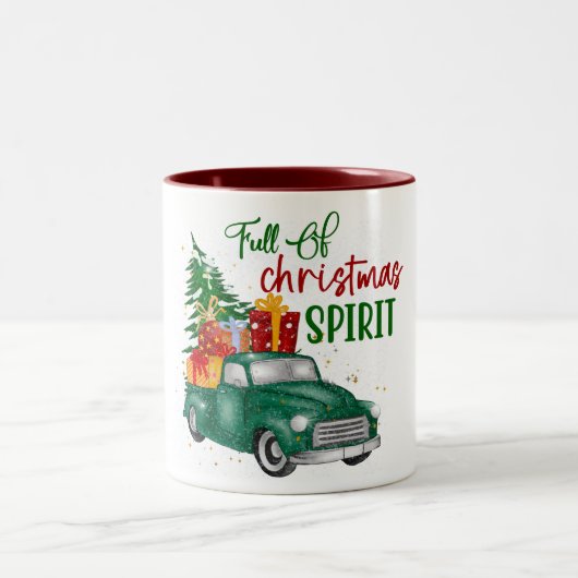 Rood Groen Retro Kersttruck Snowy Illustratie Tweekleurige Koffiemok (Center)