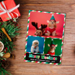 Rood Groen Retro Merry Woofmas Fotocollage Feestdagenkaart<br><div class="desc">Hond thema Merry Christmas fotokaart met strepen in roze, groen, rood en wit samen met Merry Woofmas geschreven over onder drie foto's van je hond(en) in een retro groovy lettertype in rood, roze en groen. Vrolijke Woofmas! Deze grappige kerstkaart met hondenthema is de perfecte manier om uw vakantiegroeten naar vrienden...</div>