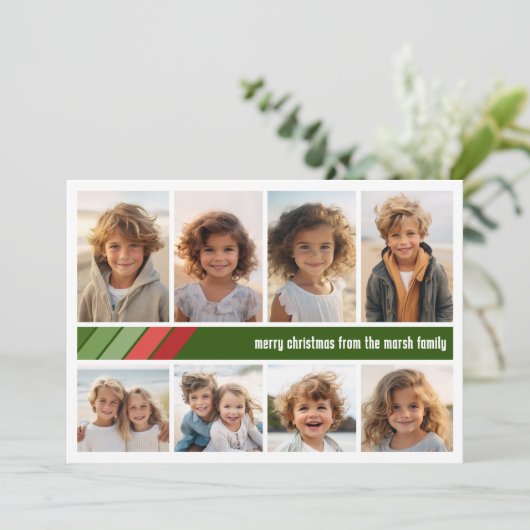Rood Groen Retro Strepen - 8 Fotocollage Feestdagenkaart (Staand voorkant)
