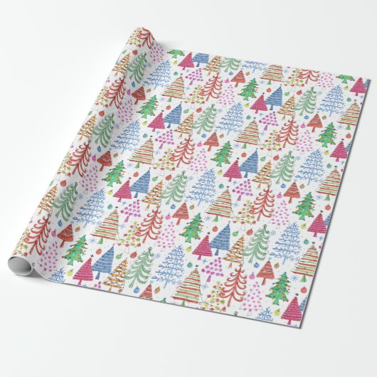 Rood groen roze blauw patroon met rode kerstbomen cadeaupapier (Uitgerold)