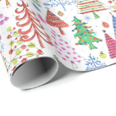 Rood groen roze blauw patroon met rode kerstbomen cadeaupapier (Rol Hoek)